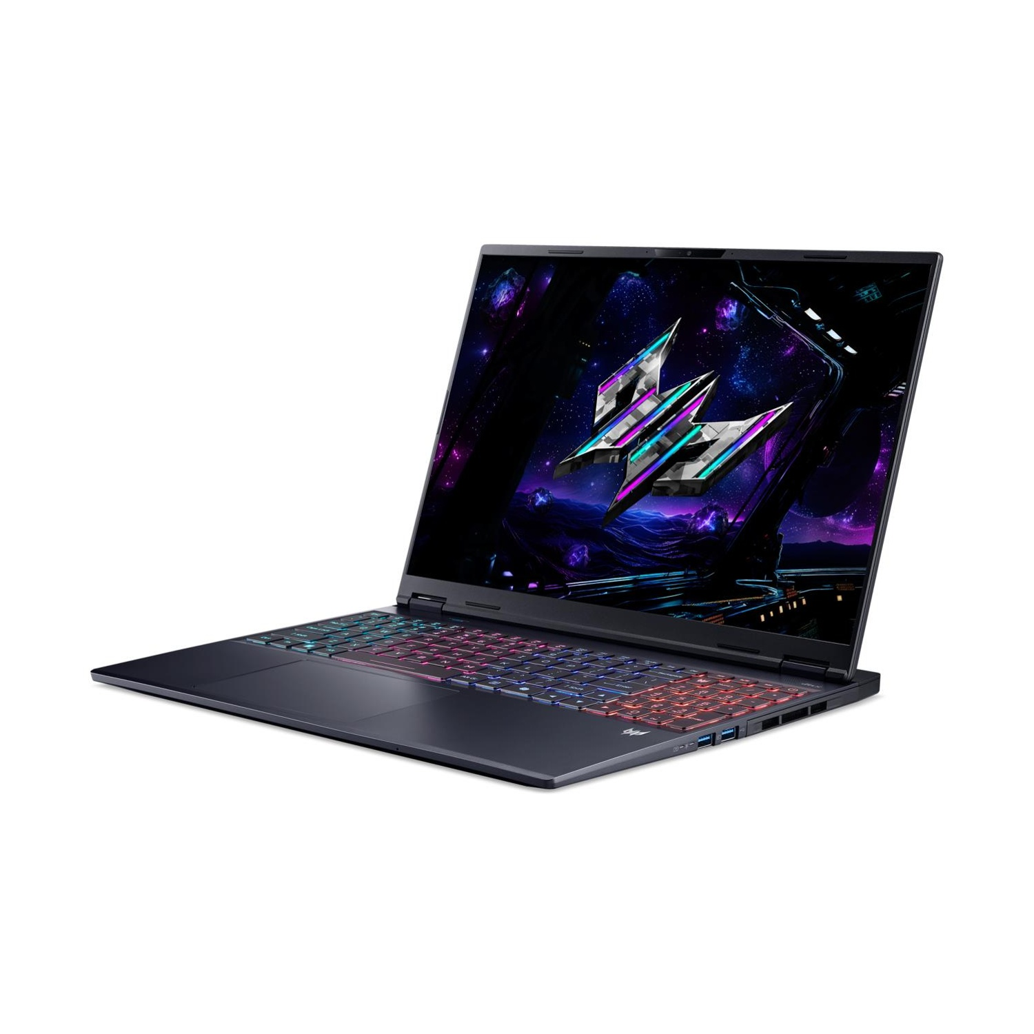 Laptop nero con tastiera colorata, lo schermo mostra un'immagine. Sfondo bianco. Il laptop è aperto.