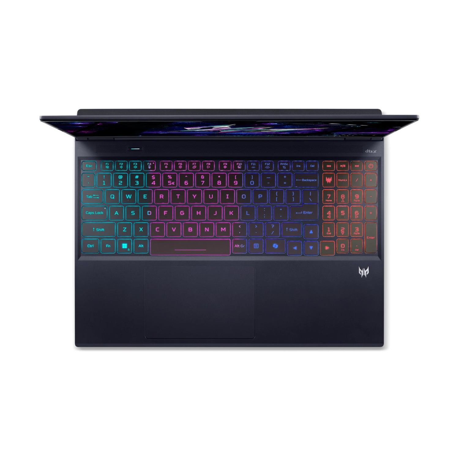 Vista dall'alto di un laptop da gioco con tastiera illuminata, che mostra i tasti.