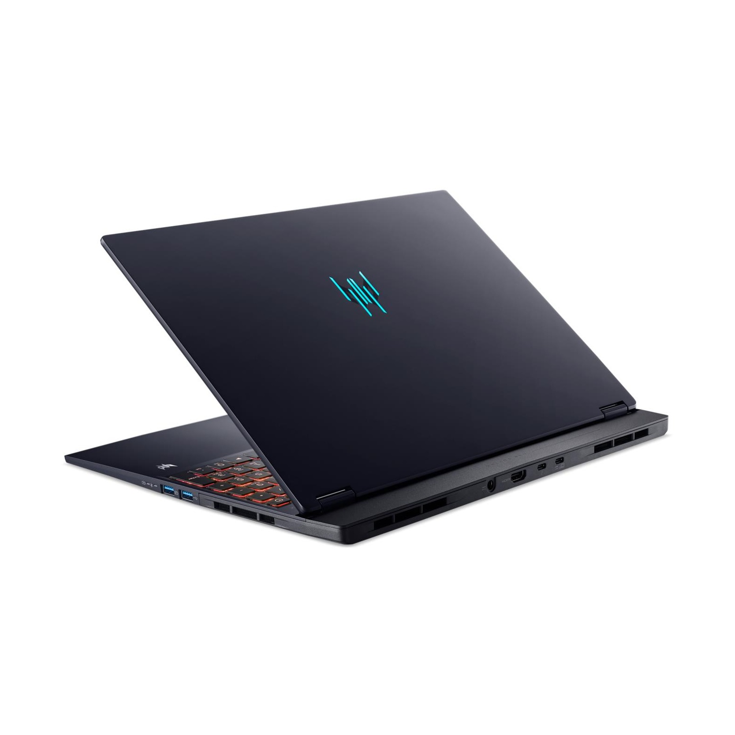 Un laptop nero è aperto, mostrando linee blu sul retro. È su una superficie bianca.