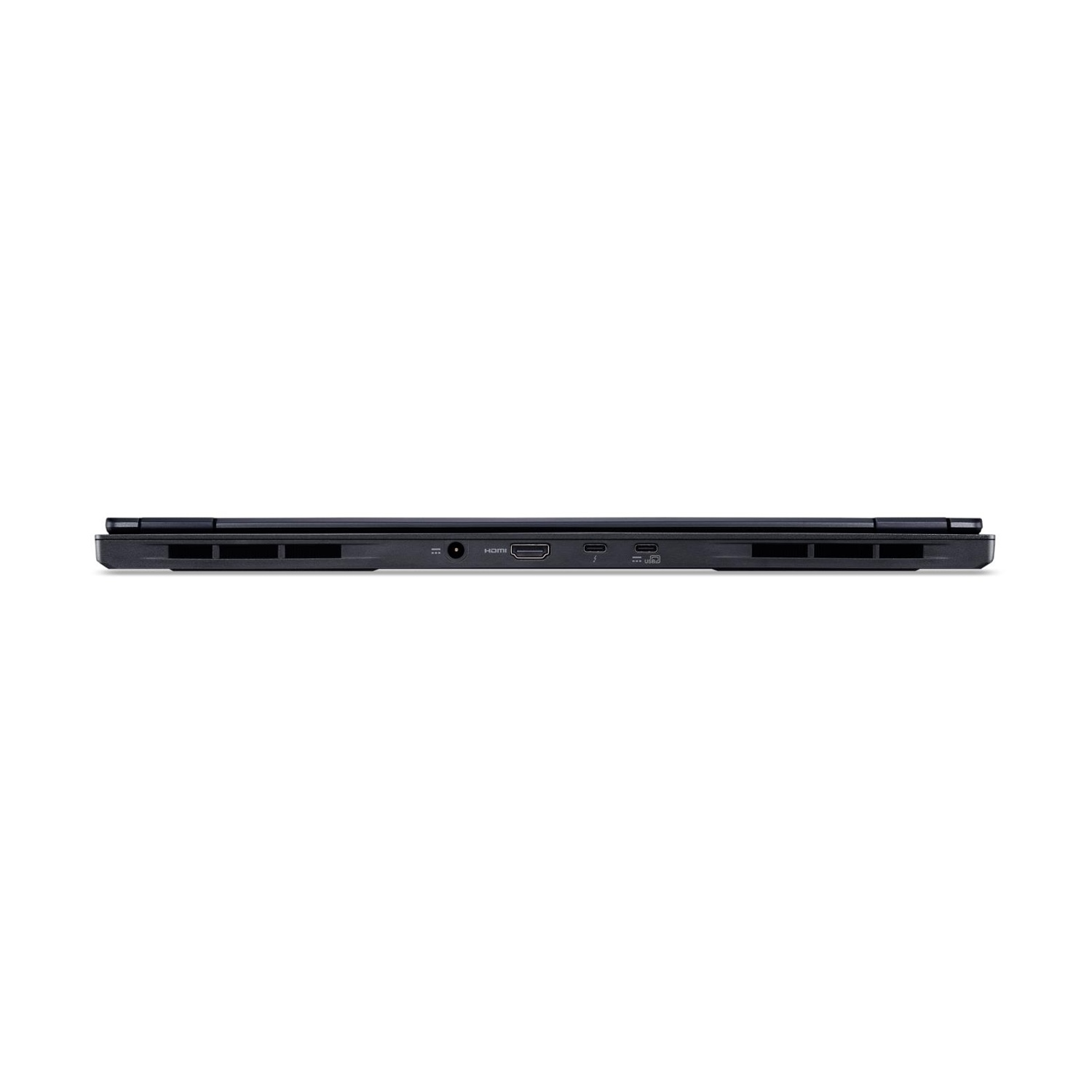 Vista laterale di un laptop nero che mostra porte e connessioni, sfondo bianco.
