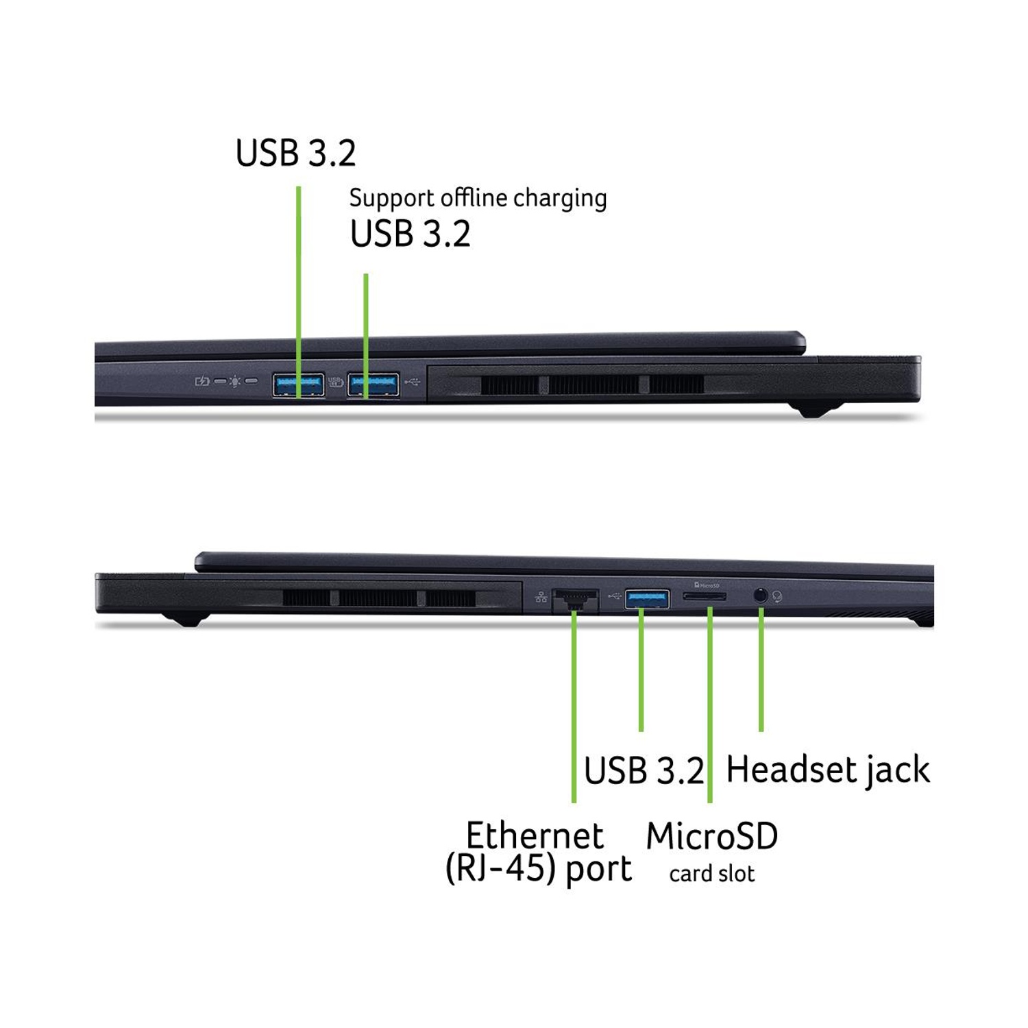 Vista laterale del laptop con USB 3.2, Ethernet, MicroSD e un jack per cuffie.