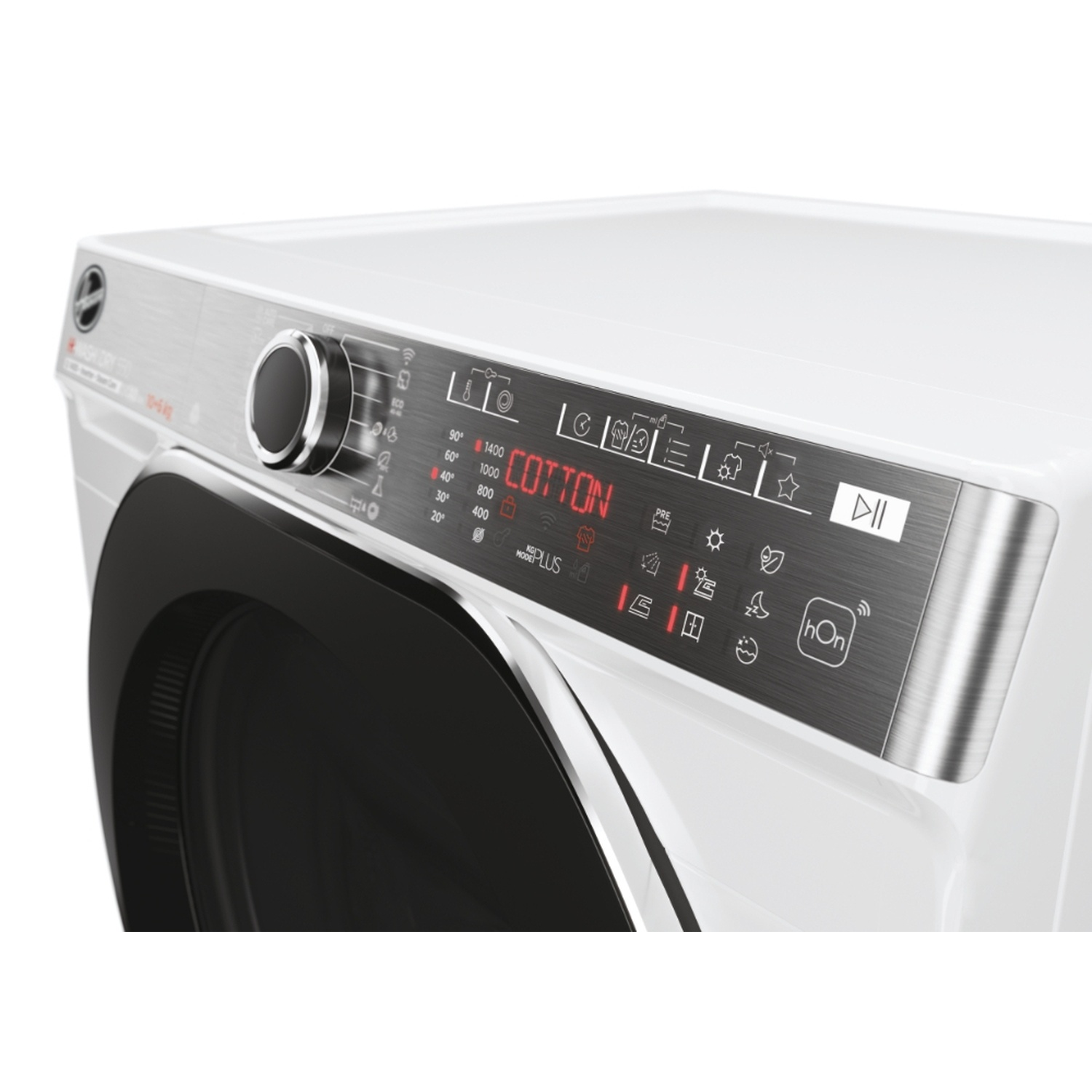 Pannello di controllo della lavatrice bianco con finiture argentate, pulsanti e display digitale.