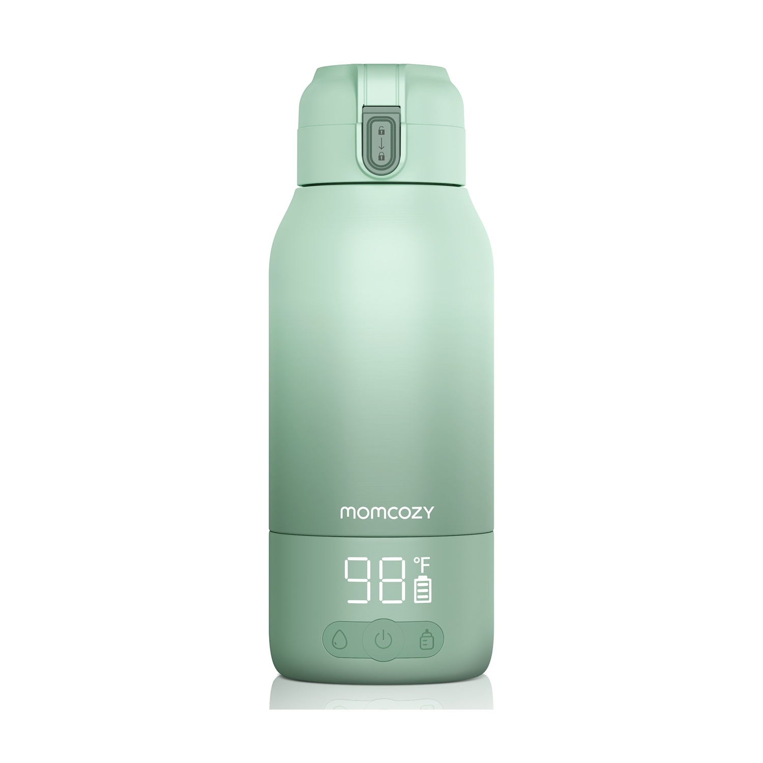 Borraccia verde con display digitale che mostra 98 gradi. Lo sfondo è bianco.
