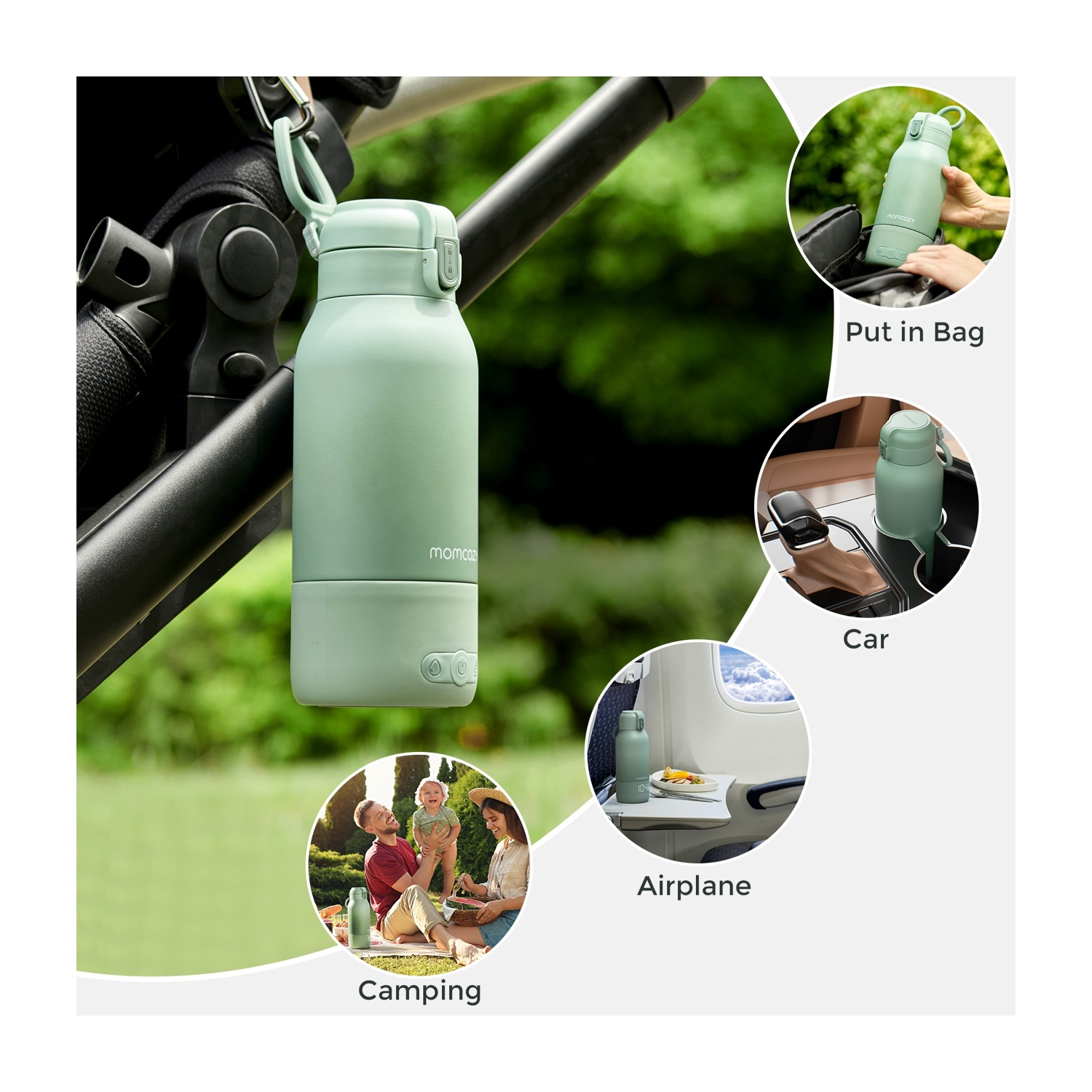 Bottiglia d'acqua verde in più contesti, tra cui passeggino, auto e picnic.