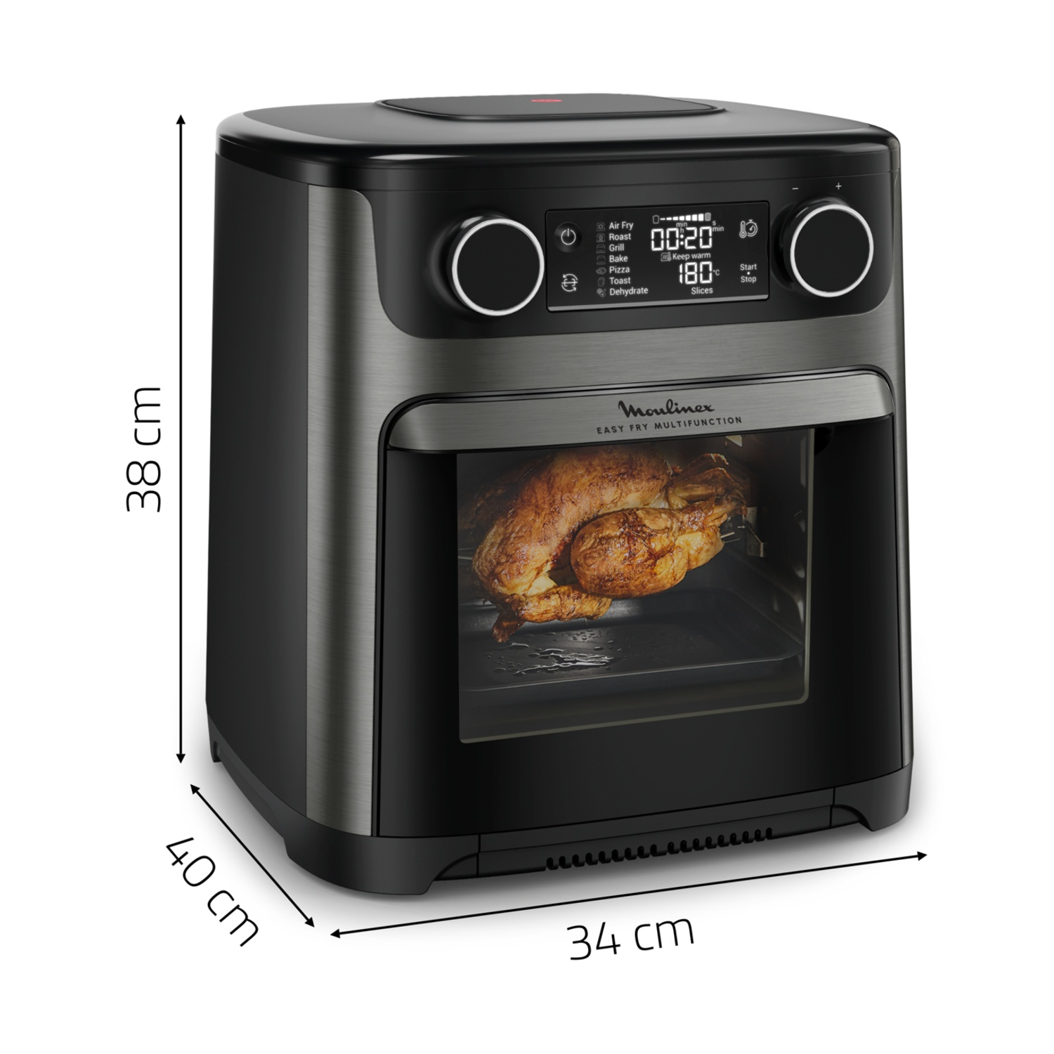 Una friggitrice ad aria con un pollo arrosto all'interno. Ha comandi digitali e le dimensioni sono visualizzate a sinistra.