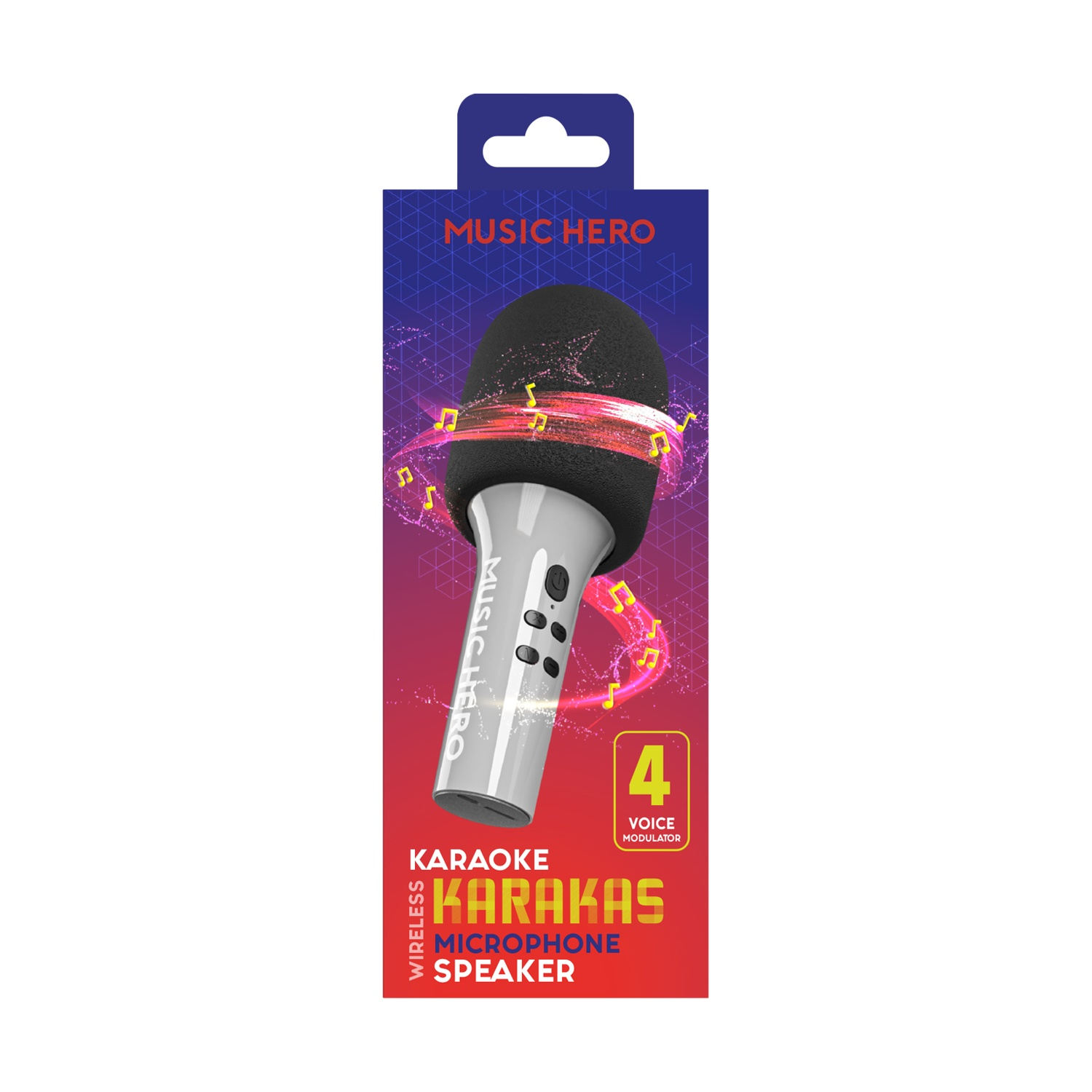 Microfono karaoke con confezione, bianco e nero, note musicali.