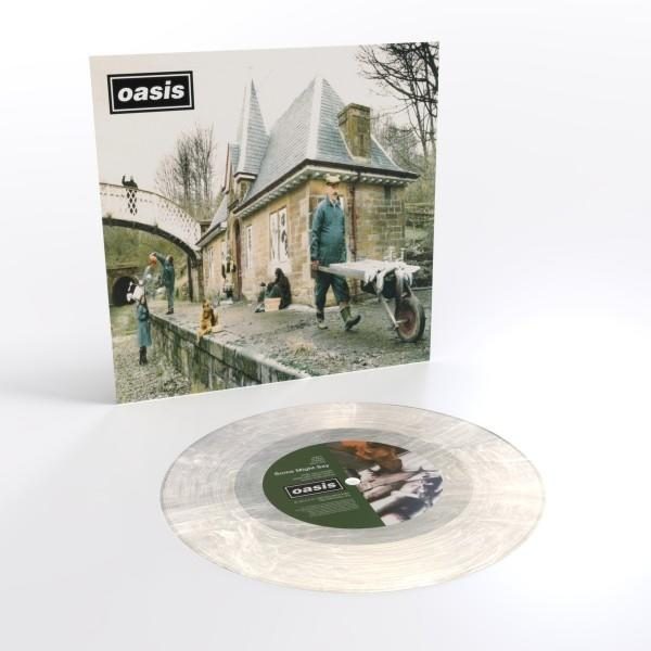 Oasis-Albumcover mit einem Bild eines Gebäudes und Personen. Eine Schallplatte ist davor.