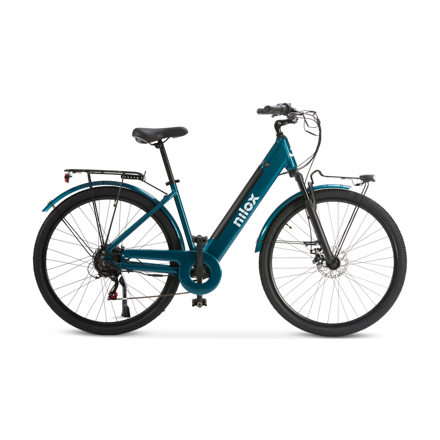 Bicicletta elettrica turchese con pneumatici neri. Sfondo bianco, vista laterale.