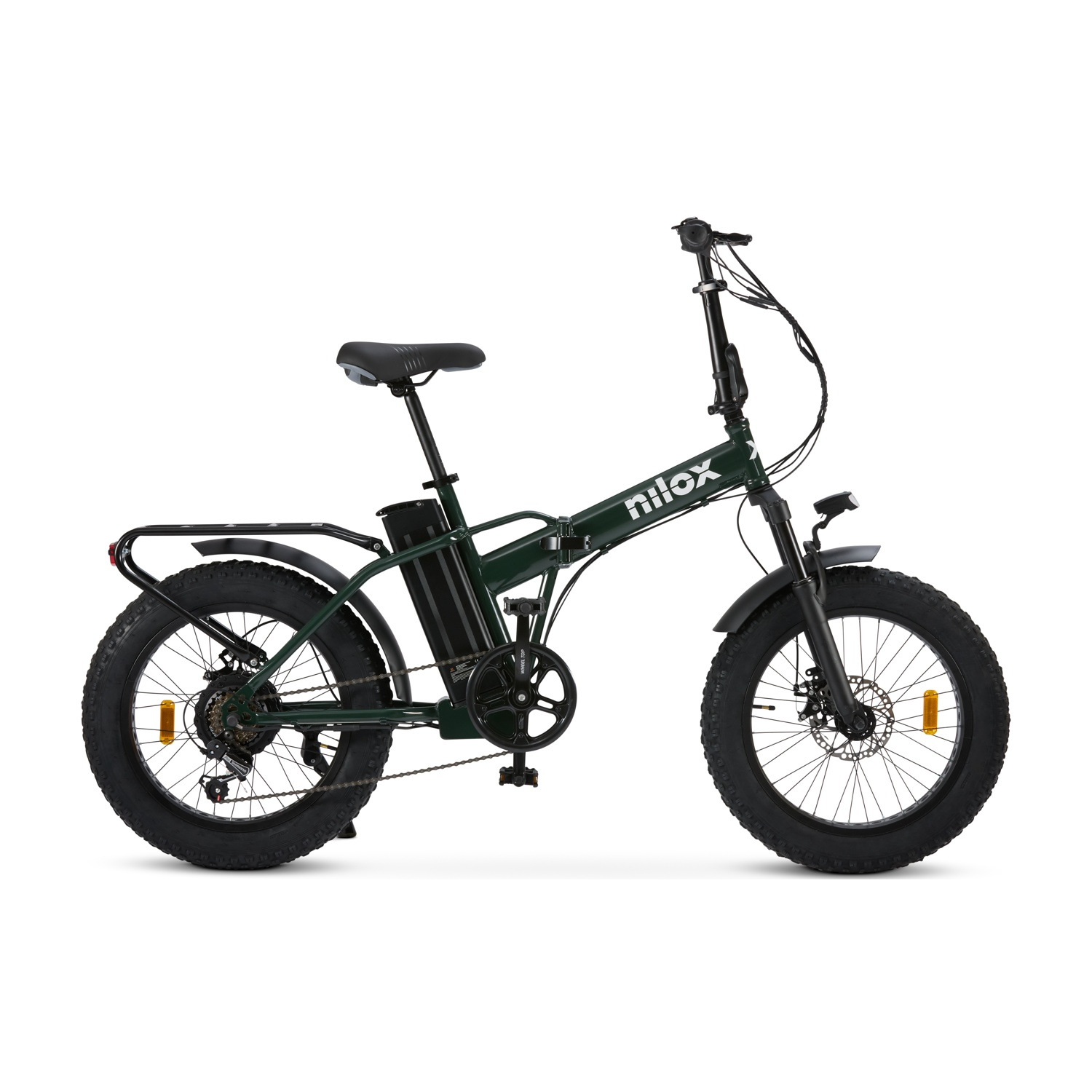 Una bicicletta elettrica Nilox verde con pneumatici neri su sfondo bianco.