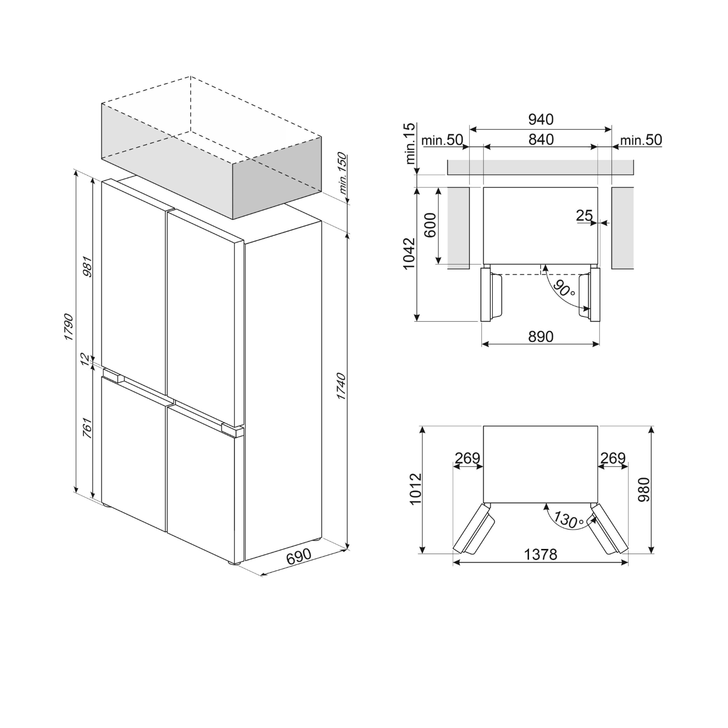 Un diagramma di un frigorifero con dimensioni.