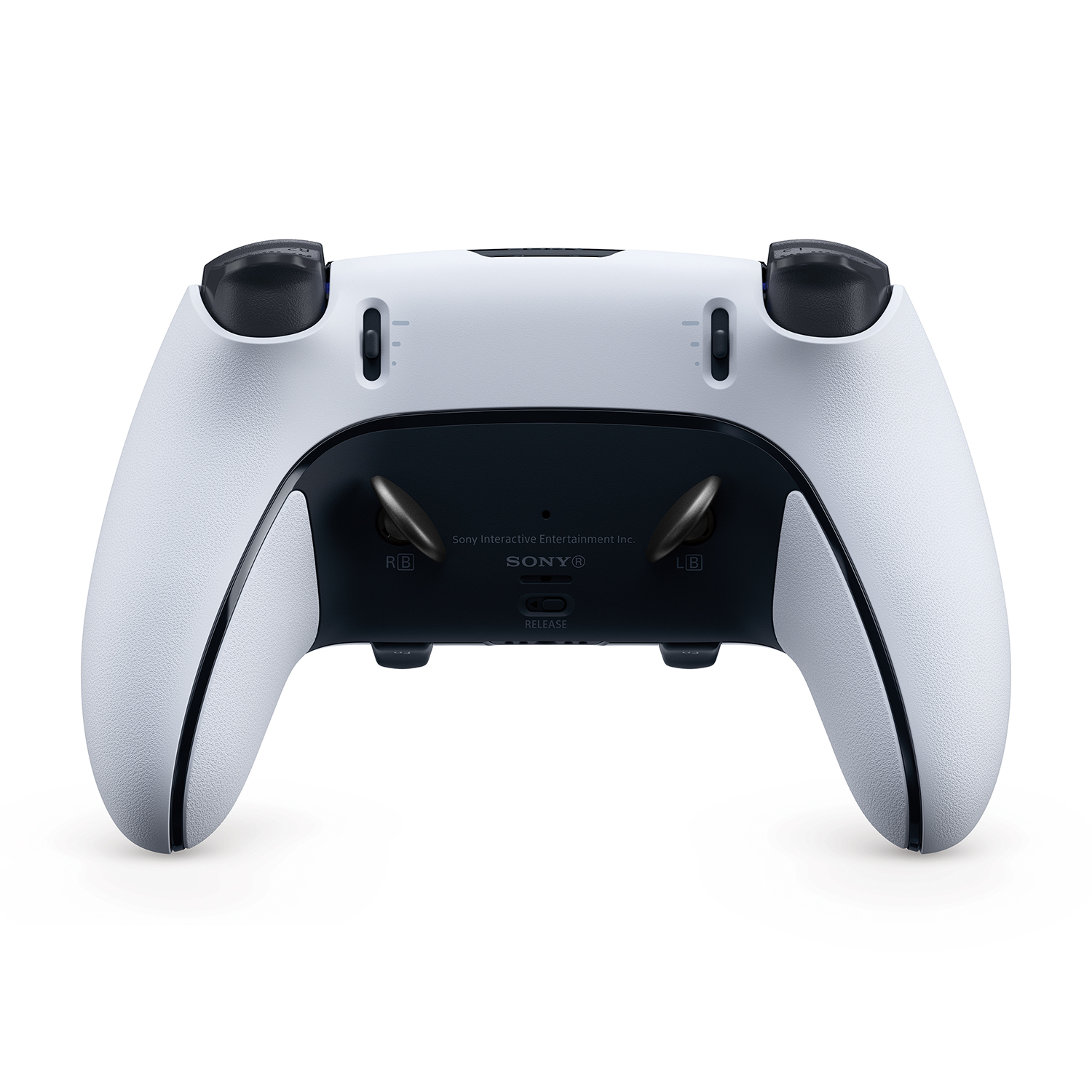 Controller di gioco bianco e nero. Due joystick neri in alto. Logo Sony al centro.