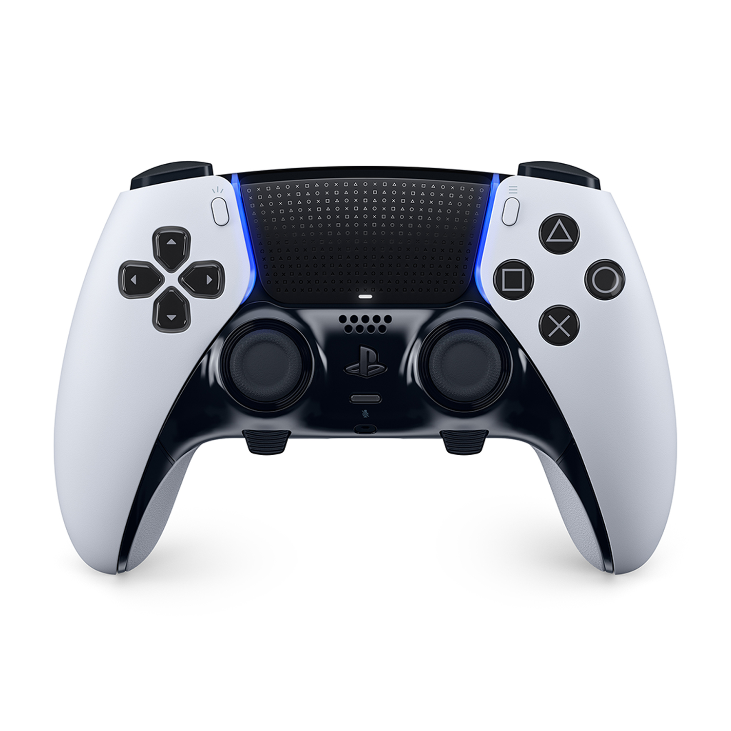 Controller Playstation bianco e nero con pulsanti, joystick e un touchpad.