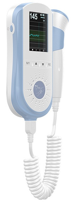 Niebiesko-biały detektor tętna płodu, wyświetlający tętno płodu.