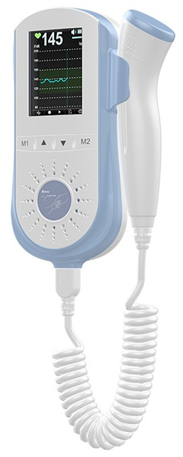 Niebiesko-biały aparat USG. Pokazuje monitor i sondę. Tło jest białe.