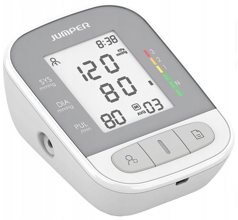 Cyfrowy monitor ciśnienia krwi wyświetlający odczyty i przyciski. Szaro-biały design.