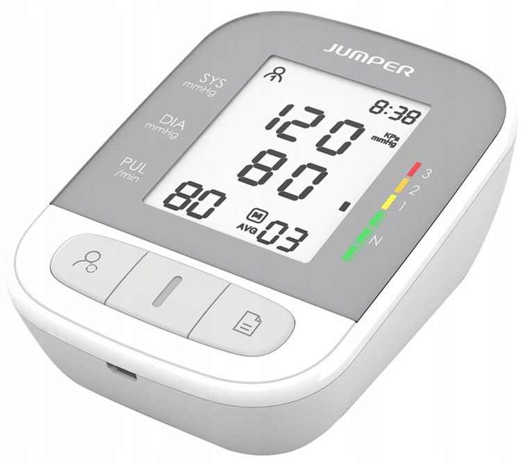 Ciśnieniomierz z cyfrowym wyświetlaczem pokazującym odczyty i przyciski.