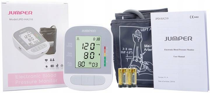 Elektroniczny monitor ciśnienia krwi z akcesoriami. Pudełko, mankiet, baterie i instrukcja.