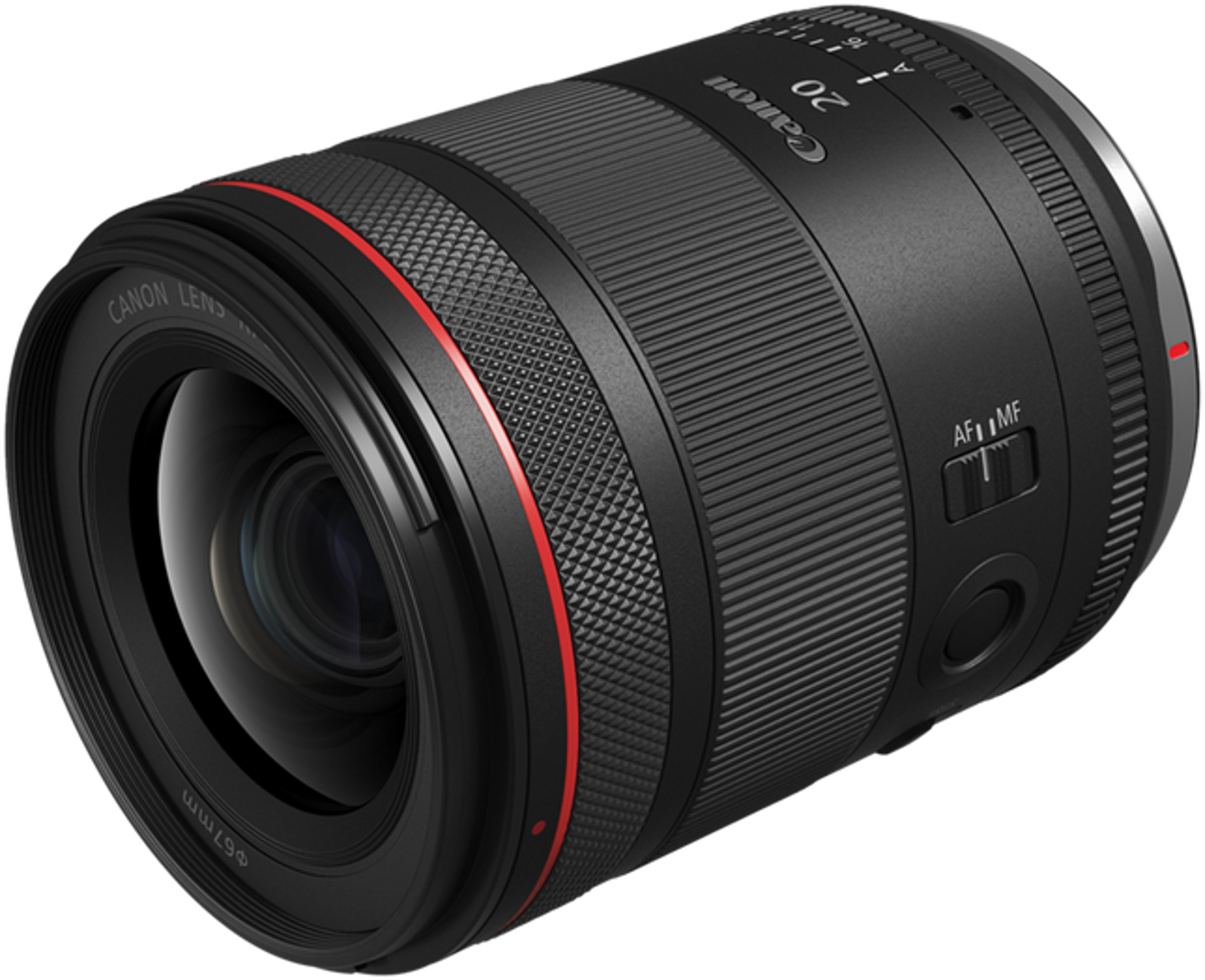 Objectif Canon RF noir avec bague rouge et marquages.