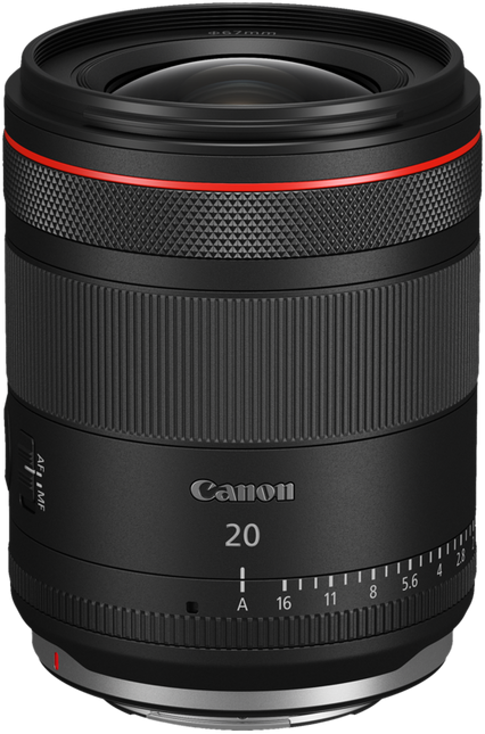 Un objectif Canon noir 20mm avec des accents rouges et des marques de mise au point.