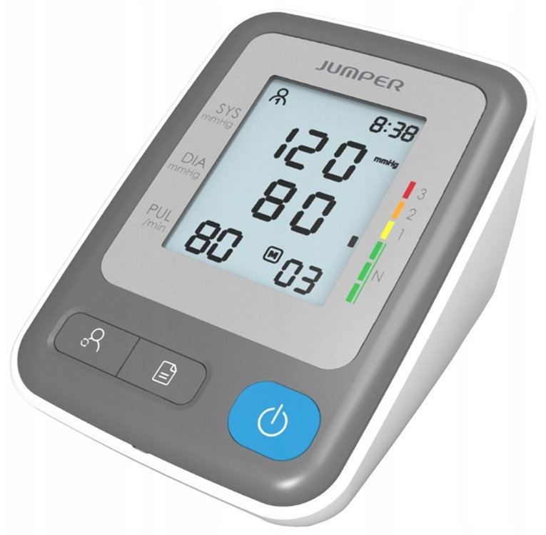 Cyfrowy ciśnieniomierz: 120/80 mmHg, puls 80, godzina 8:38.