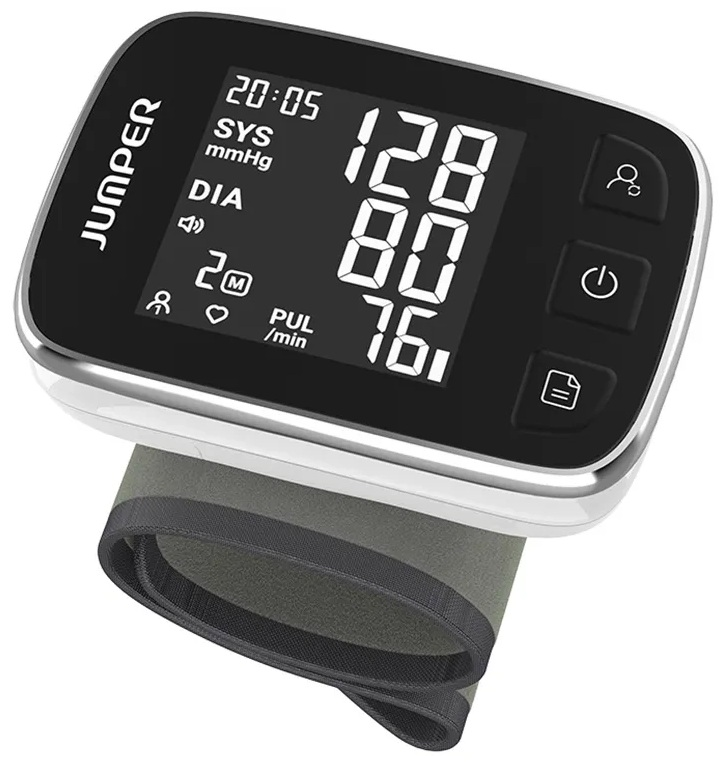 Miernik ciśnienia krwi na nadgarstku wyświetla czas, odczyty ciśnienia krwi i tętno.