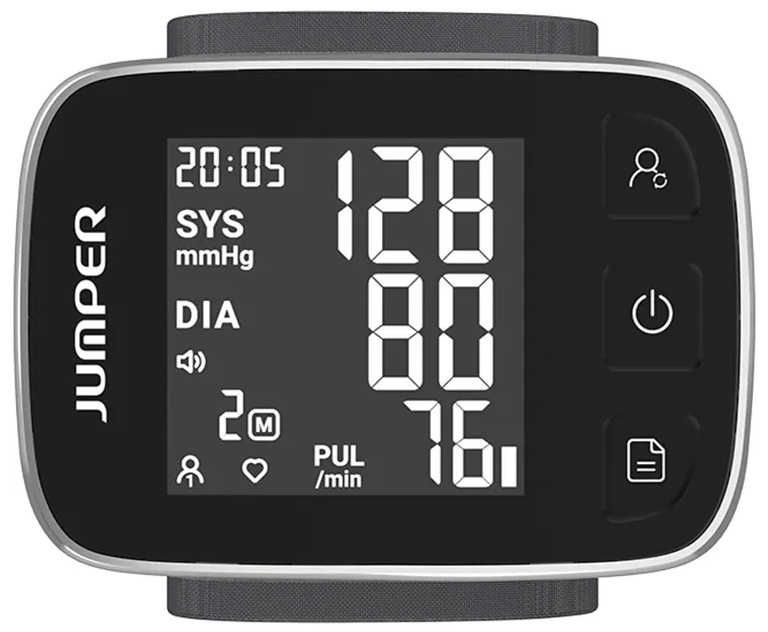 Czarny monitor ciśnienia krwi wyświetla odczyty i ikony.