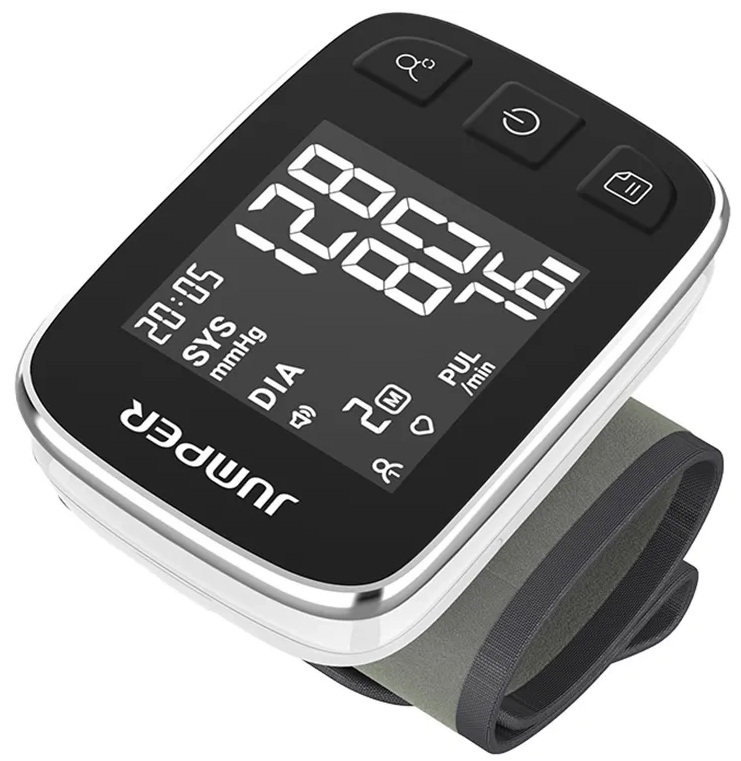 Czarno-biały monitor ciśnienia krwi. Wyświetla odczyty i przyciski. Dołączony szary pasek.