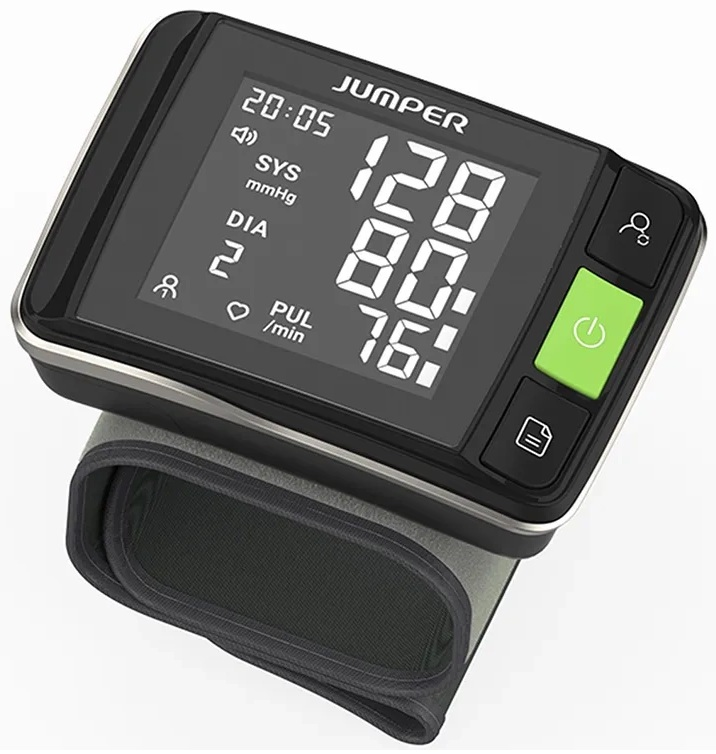 Czarny ciśnieniomierz z wyświetlaczem i opaską na nadgarstek.