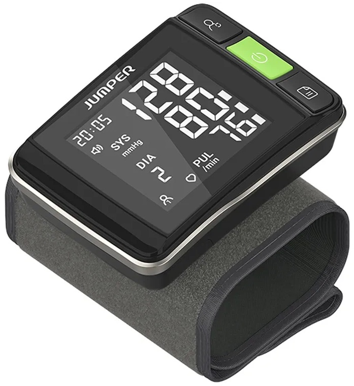 Czarny ciśnieniomierz nadgarstkowy wyświetlający odczyty na ekranie cyfrowym.