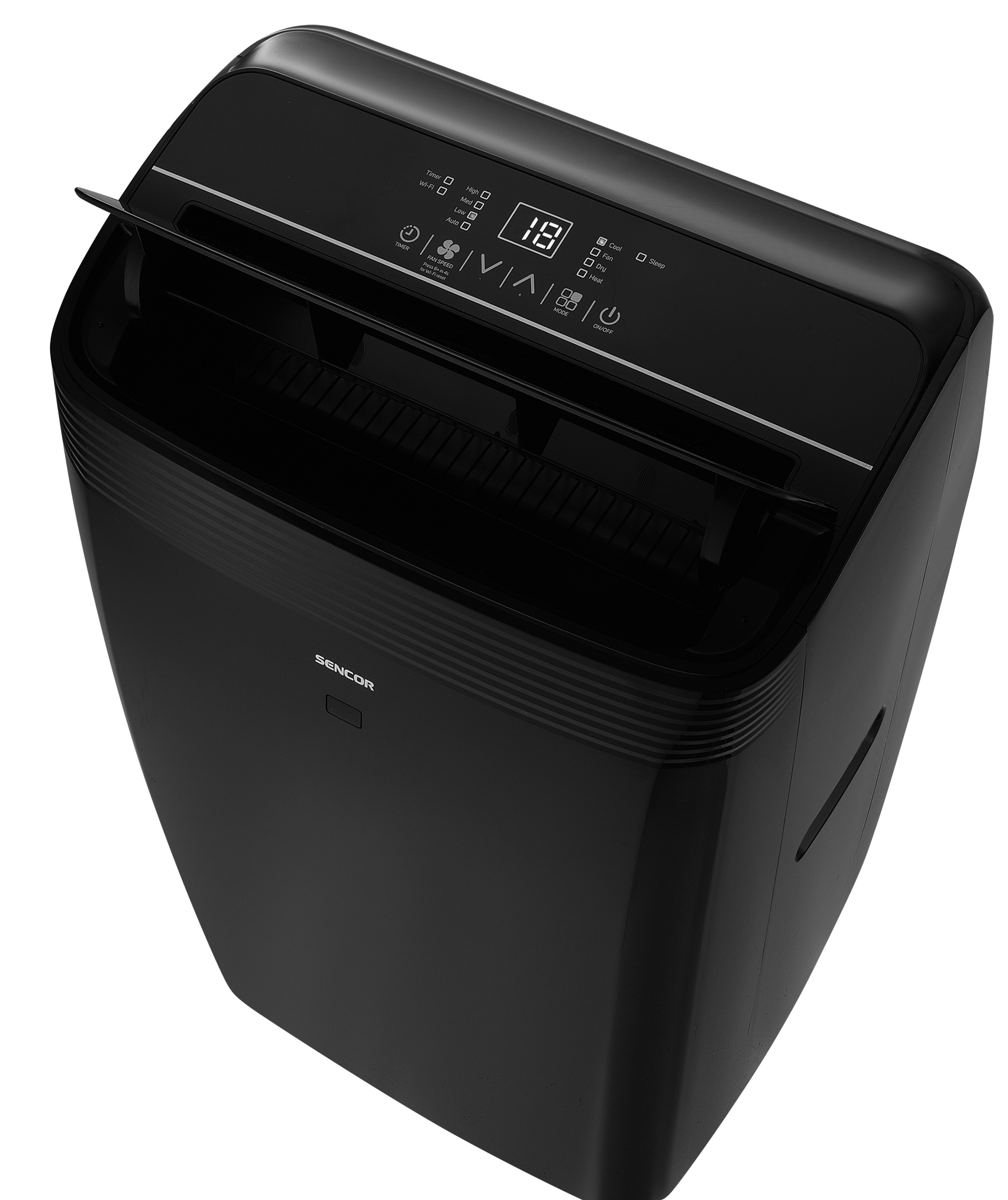 Czarny przenośny klimatyzator z cyfrowym wyświetlaczem.