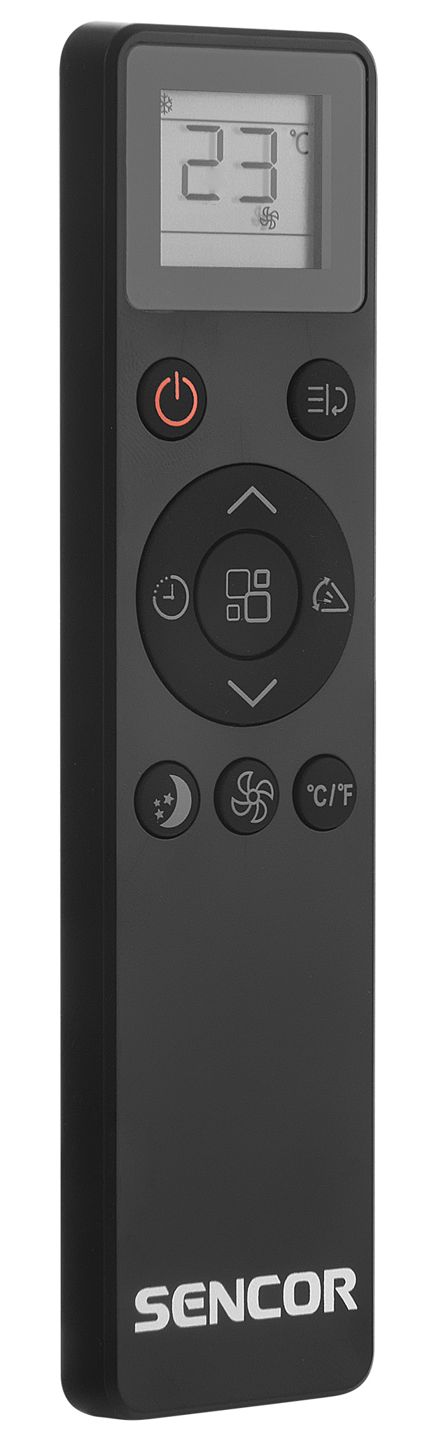 Czarny pilot do klimatyzacji z przyciskami, wyświetlający 23 stopnie.