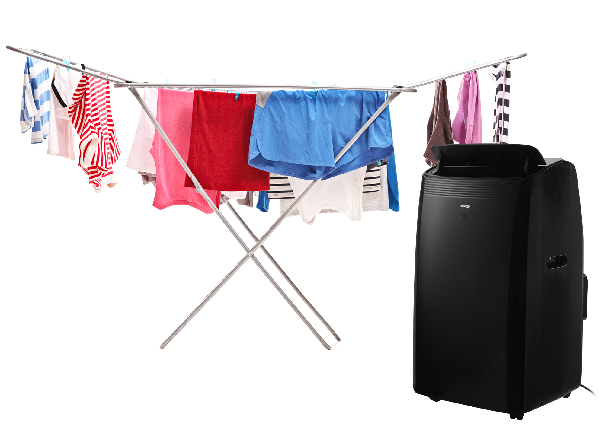 Ubrania wiszące na srebrnym suszaku obok czarnego klimatyzatora.