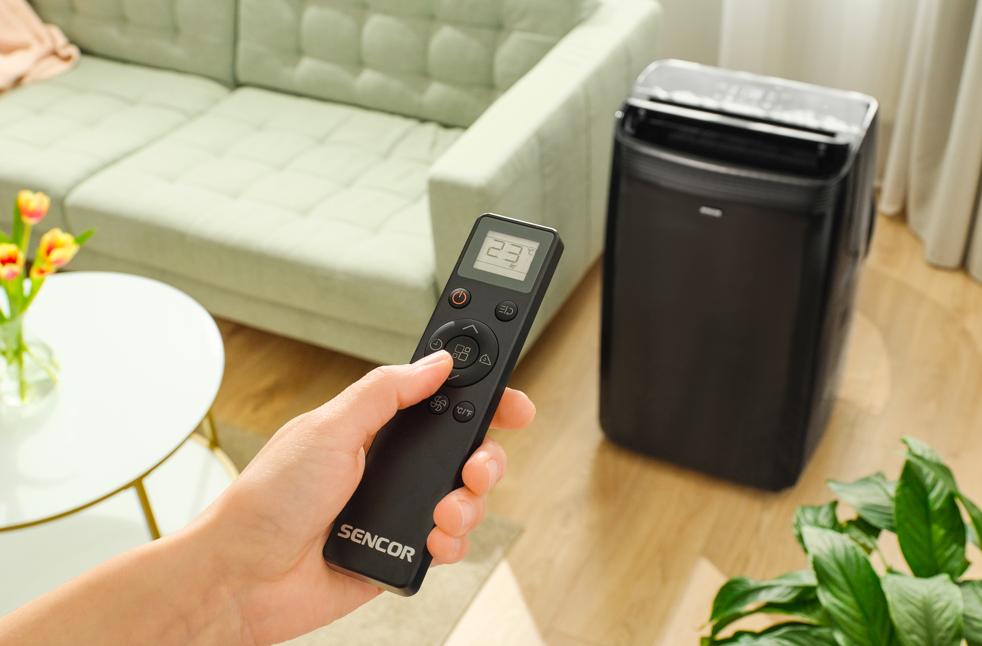 Ręka trzymająca czarny pilot. Za nią klimatyzator i sofa.