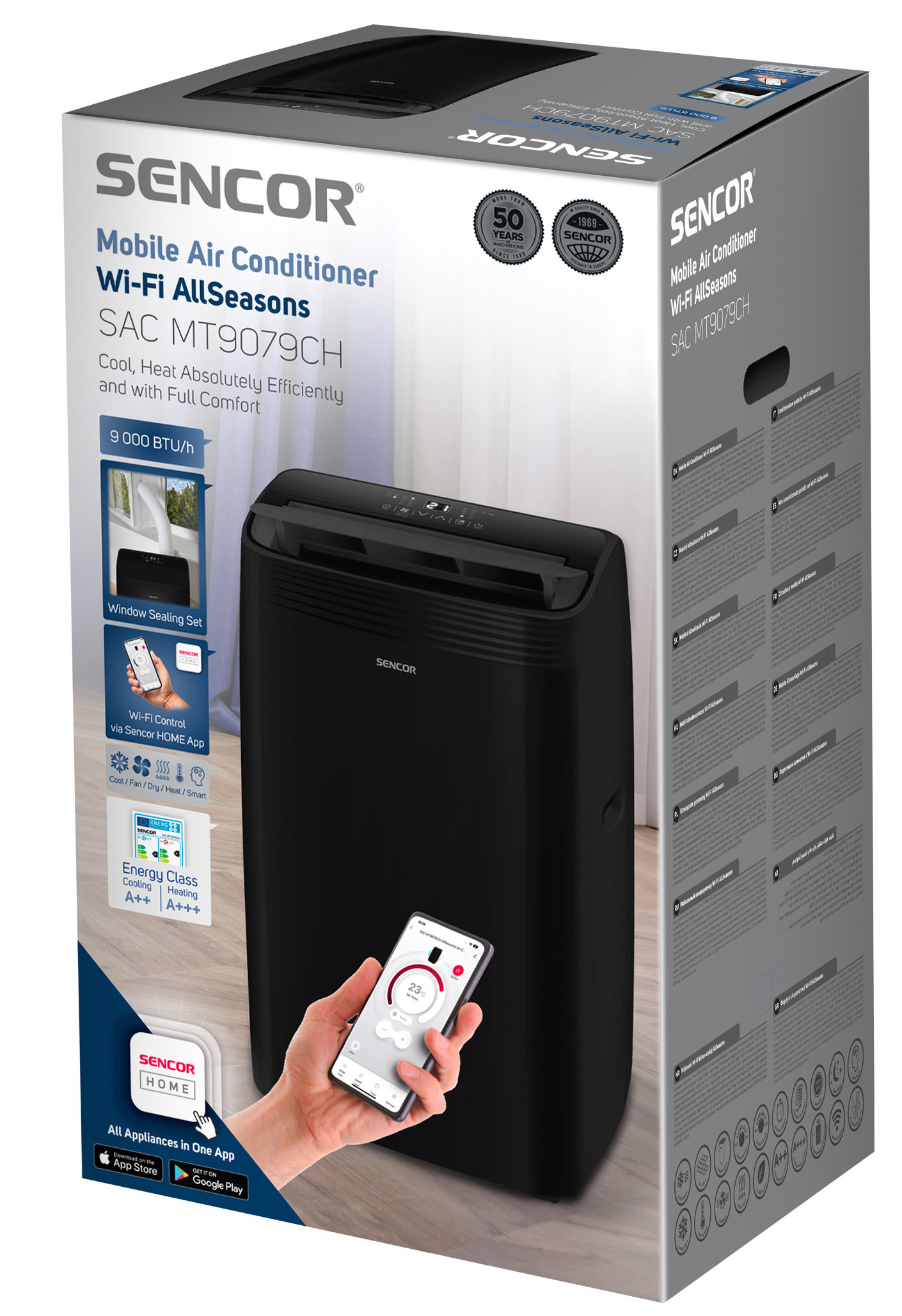 Czarny klimatyzator w pudełku. Pudełko zawiera informacje i dłoń trzymającą telefon.