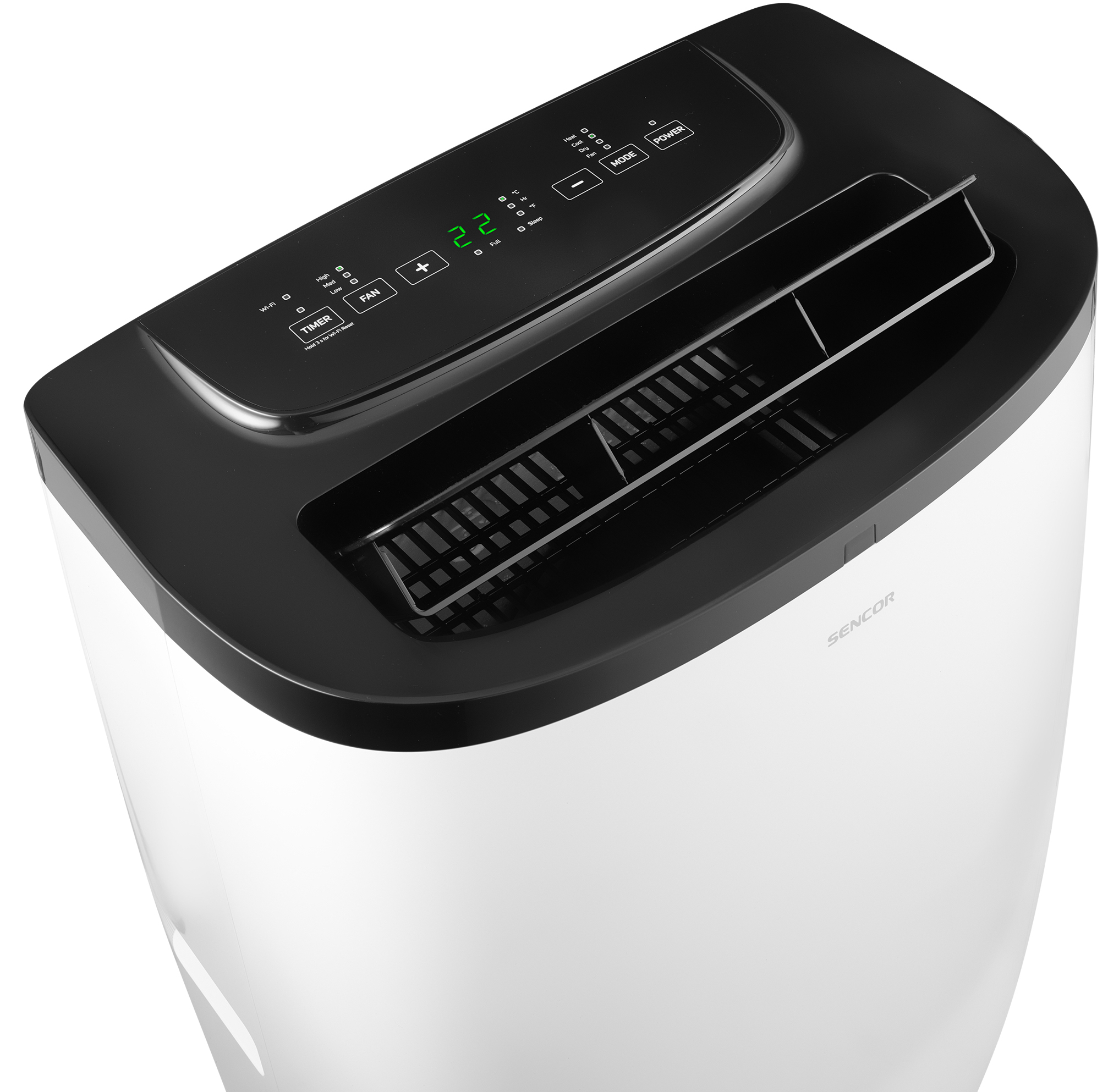Biało-czarny oczyszczacz powietrza. Górna część ma wyświetlacz cyfrowy i przyciski. Biały korpus.