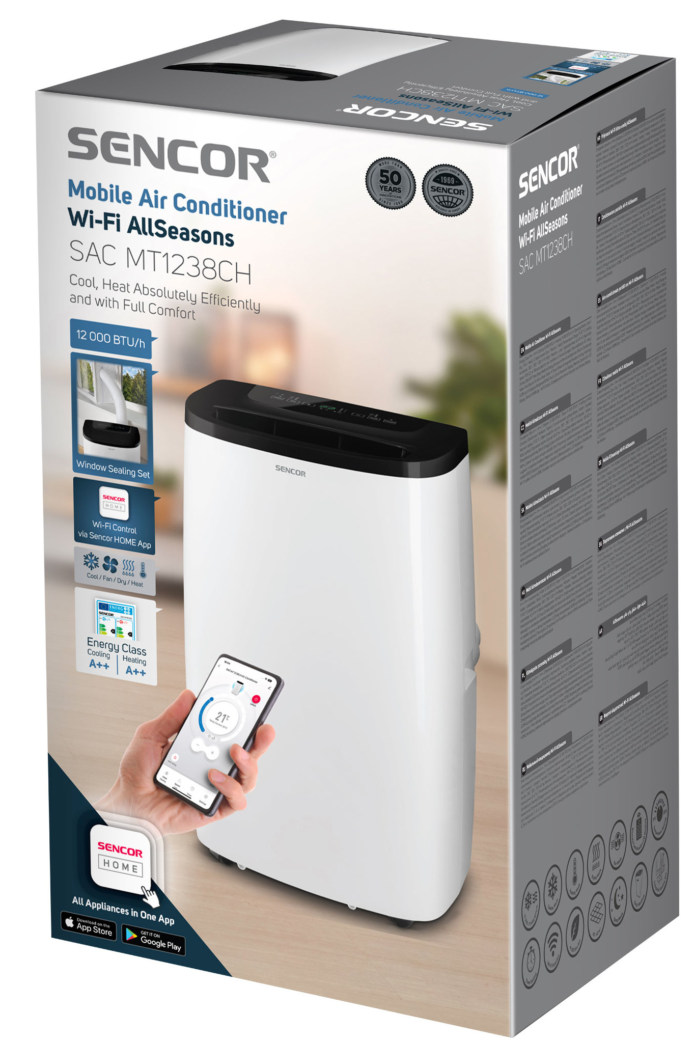 Klimatyzator przenośny SENCOR w pudełku, z telefonem pokazującym aplikację sterującą.
