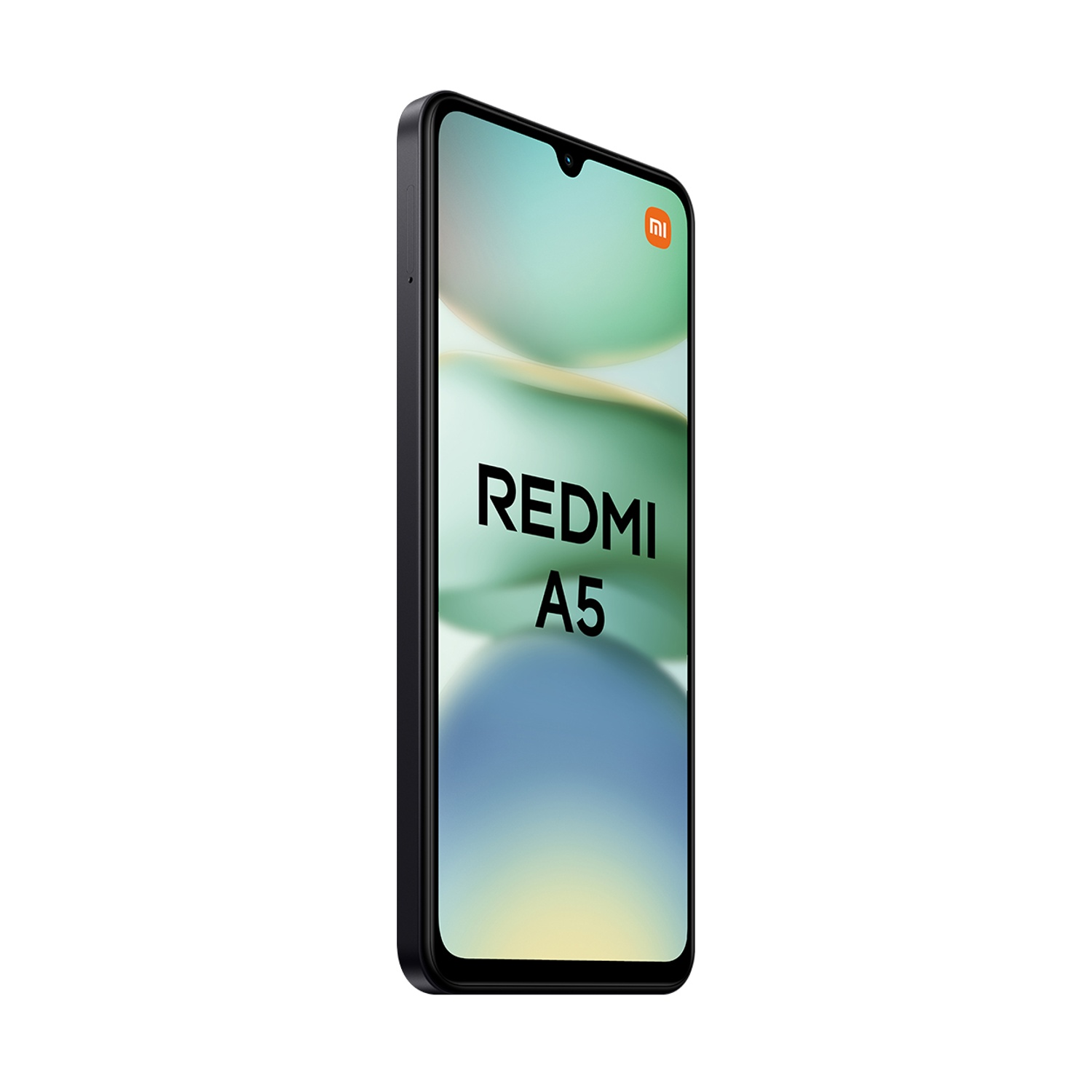 Uno smartphone nero con l'etichetta Redmi A5 sullo schermo, su sfondo bianco.