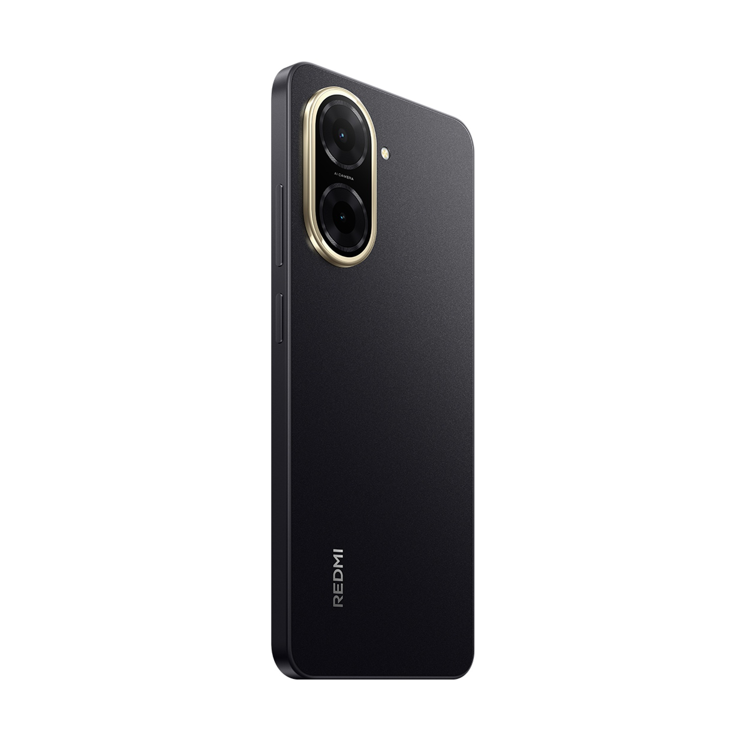 Smartphone nero con anelli fotocamera dorati. Logo Redmi in basso.