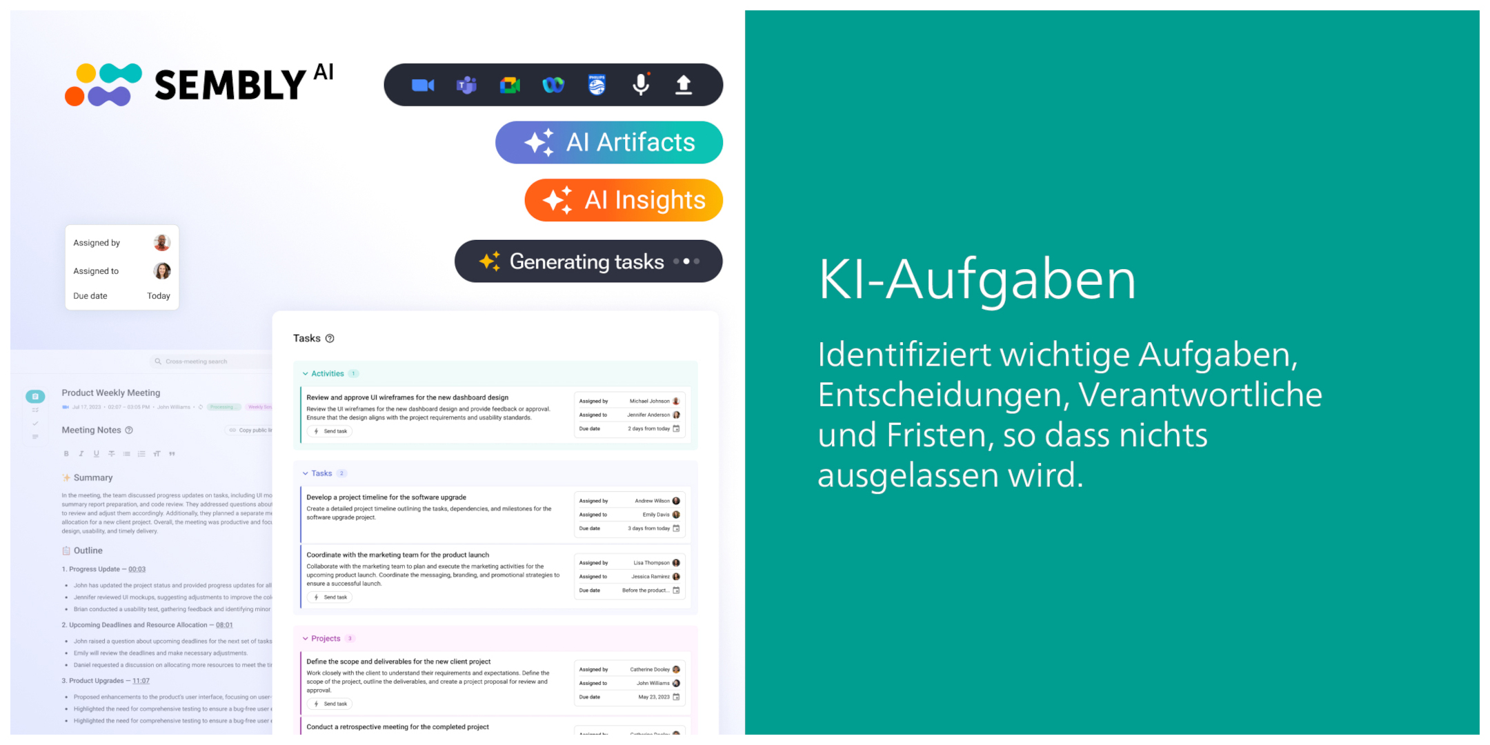 Eine Benutzeroberfläche mit mehreren Aufgaben- und Informationstafeln. Der Text ist auf Deutsch.