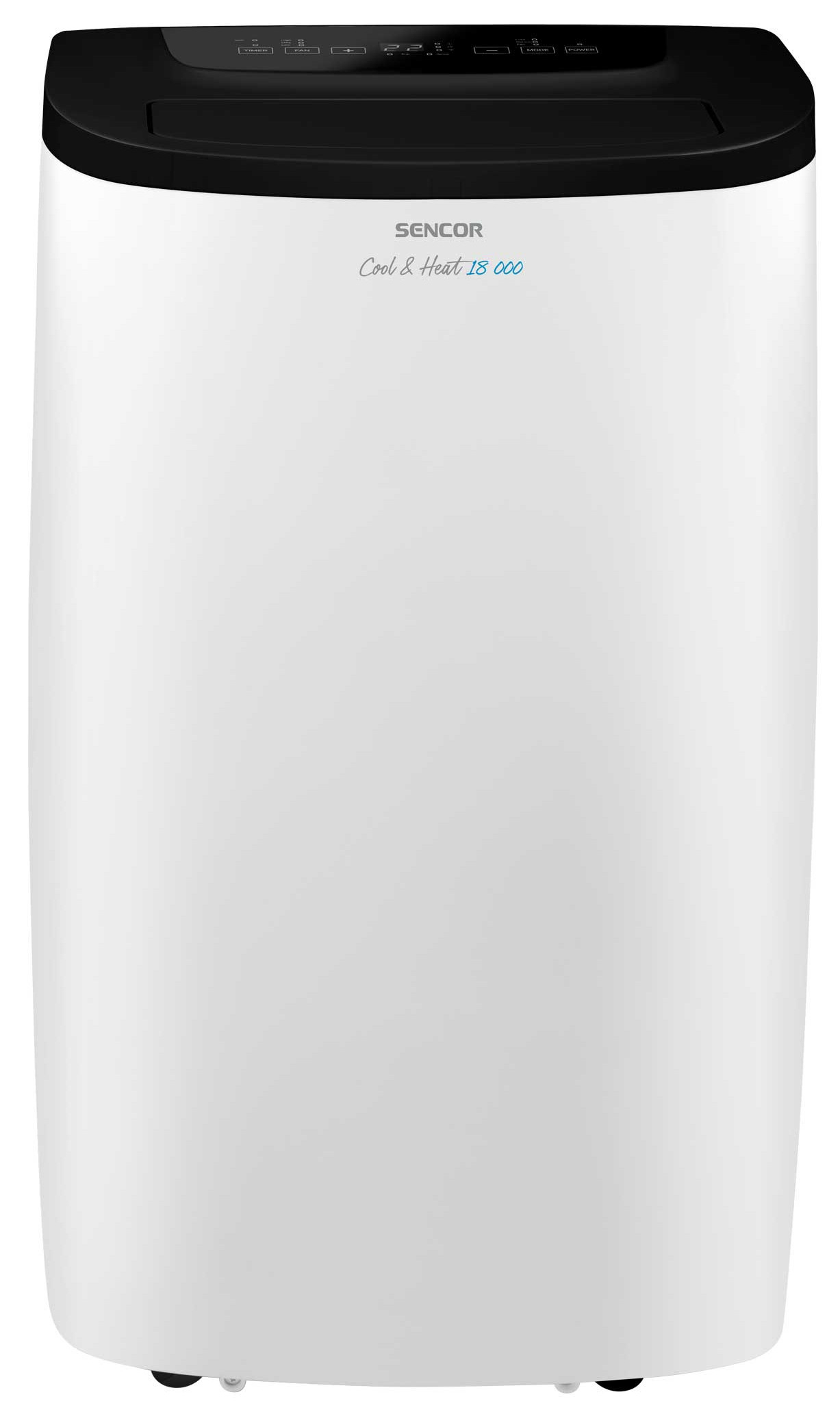 Biało-czarny klimatyzator. Klimatyzator ma panel sterowania na górze.