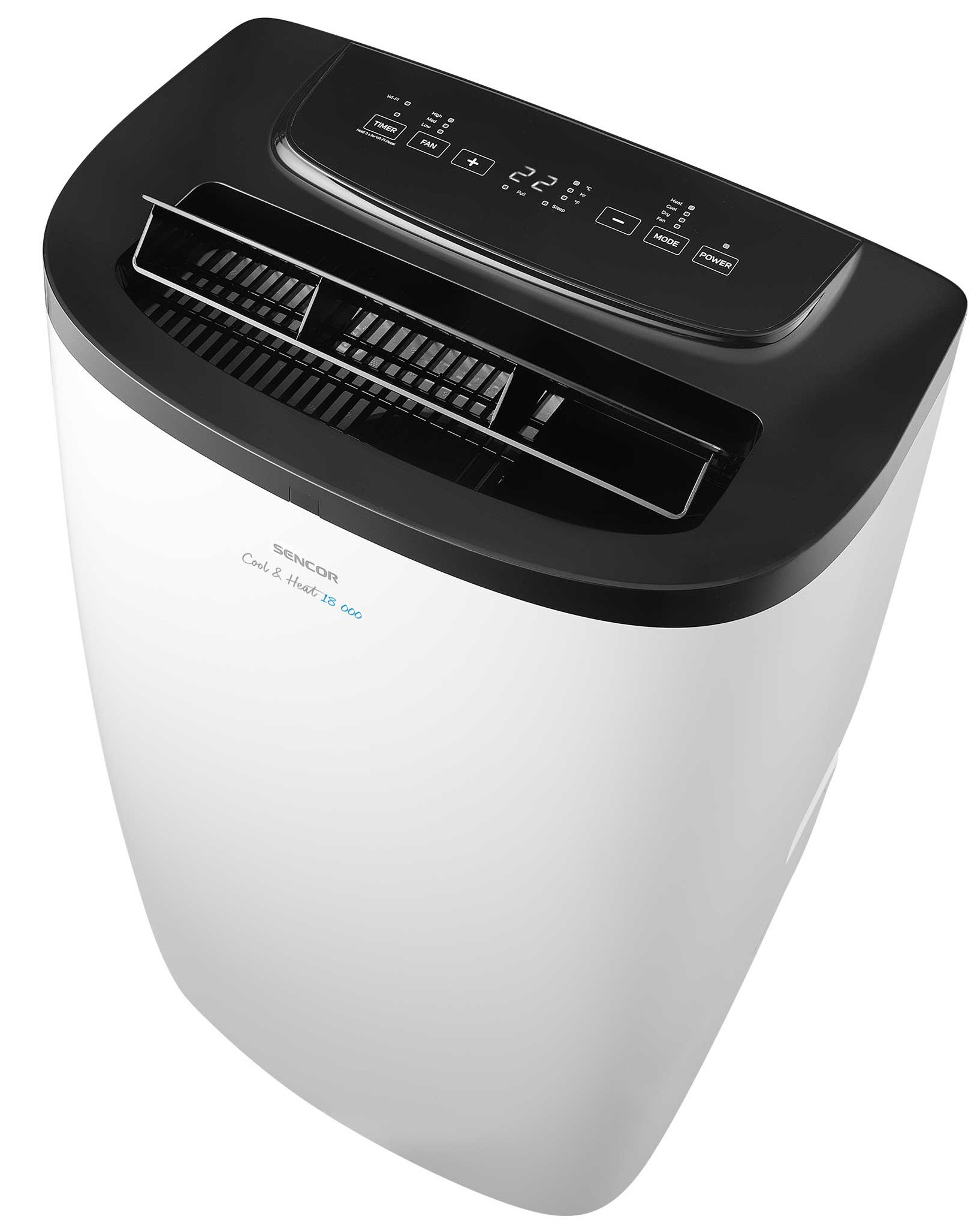 Biało-czarny klimatyzator. Ma czarną górę z wyświetlaczem i biały korpus.