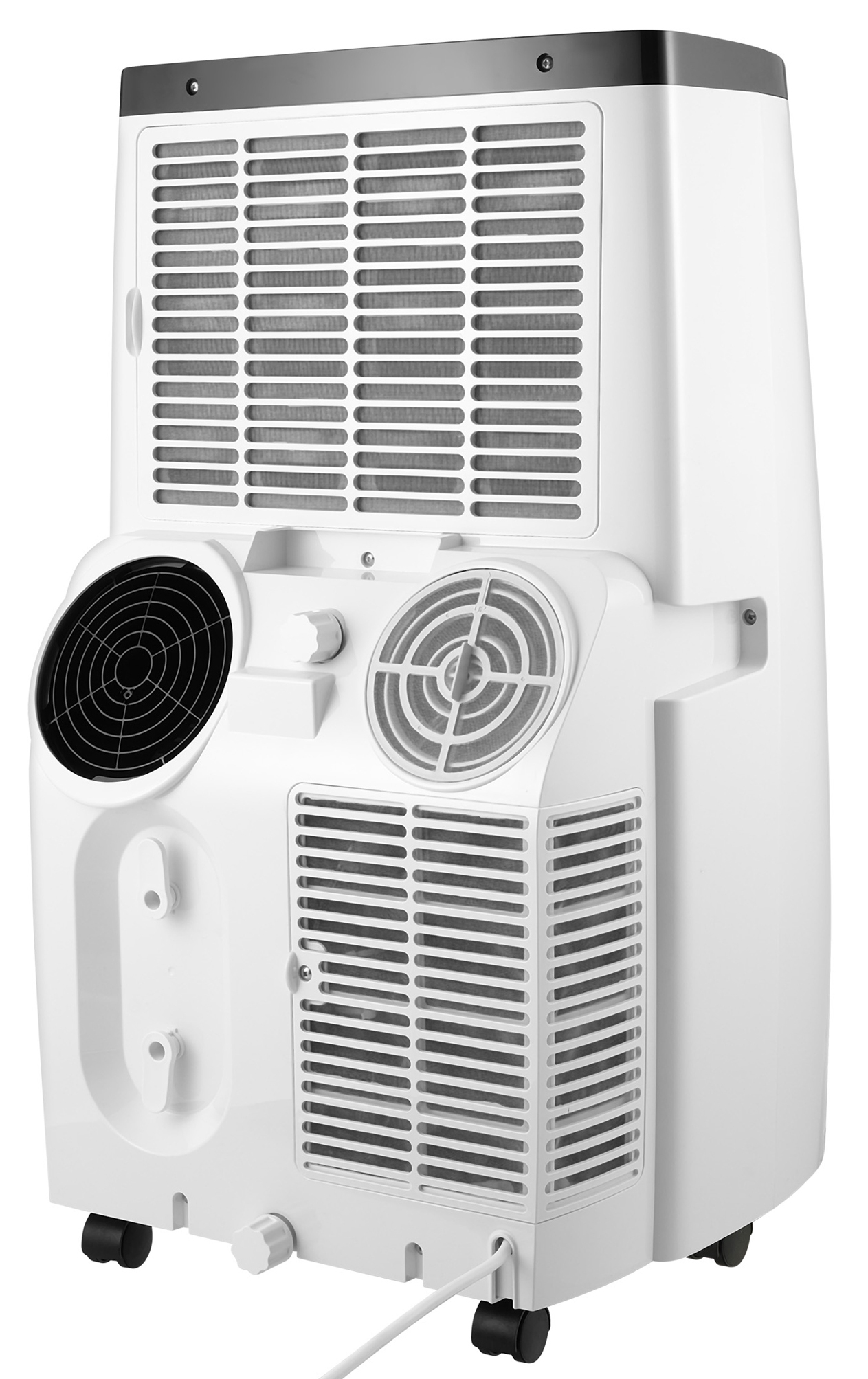 Widok z tyłu białego przenośnego klimatyzatora z otworami wentylacyjnymi i kołami.