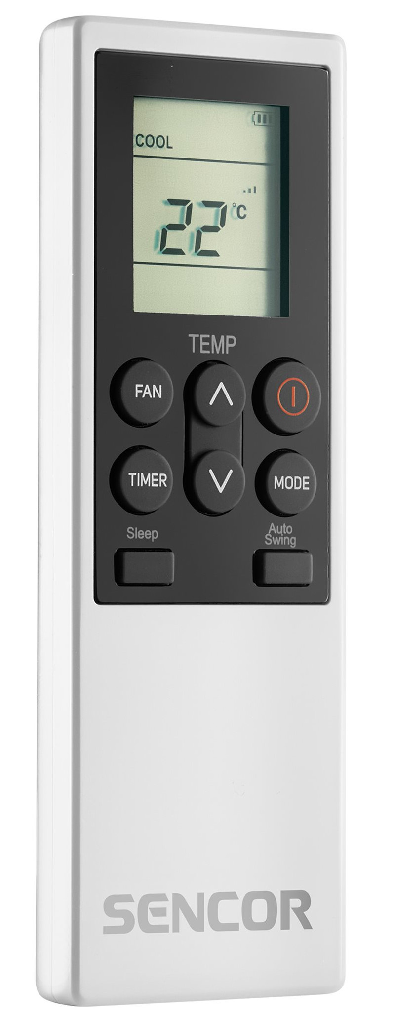 Biały pilot z ekranem pokazującym 22 stopnie. Posiada przyciski do wentylatora, timera, trybu i zasilania.