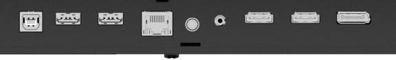 Schwarzes Panel mit verschiedenen Anschlüssen: USB, Ethernet und Audio. Anschlüsse sind hellgrau, horizontal angeordnet.