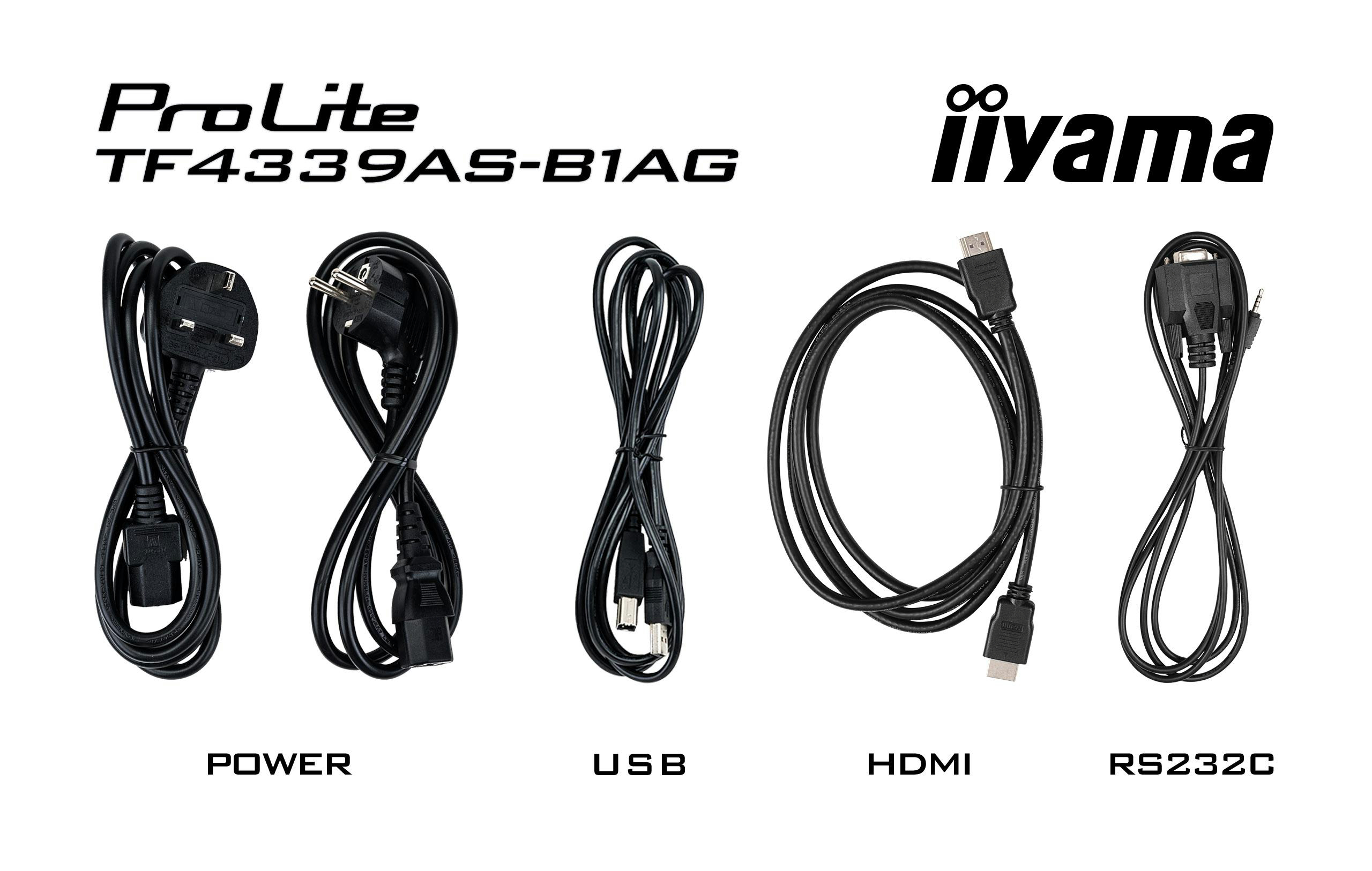 Kabel für einen Monitor. Enthält Strom-, USB-, HDMI- und RS232C-Kabel.