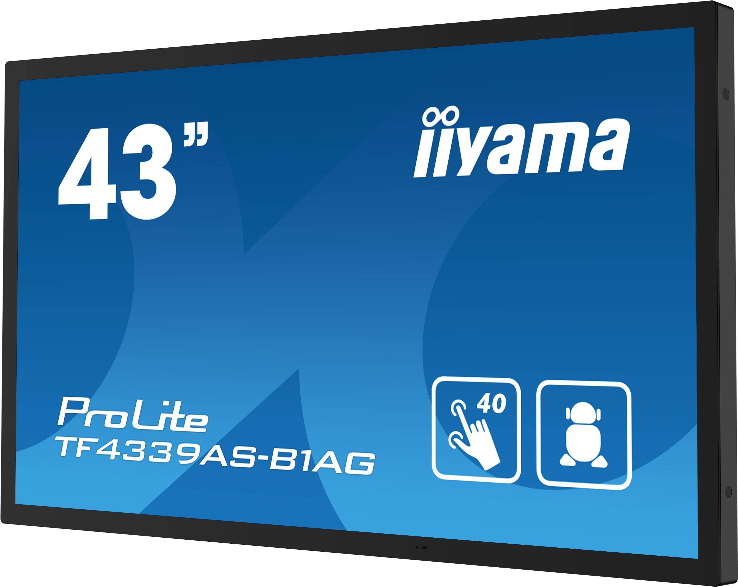 43 Zoll großer, schwarzer iiYama ProLite Monitor. Er hat Touchscreen-Symbole und einen blauen Bildschirm.