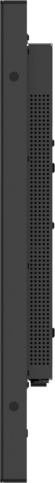 Ein schwarzer Computerturm, Seitenansicht, mit Lüftungsschlitzen und Anschlüssen.
