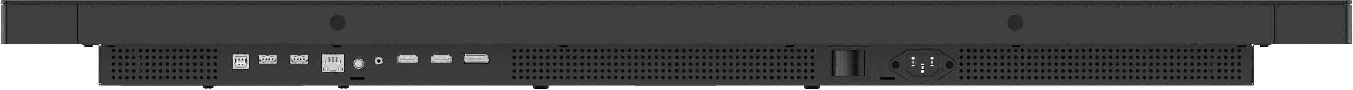 Schwarze Monitorrückseite mit Anschlüssen. Die Rückseite weist verschiedene Anschlussports und einen Netzanschluss auf.