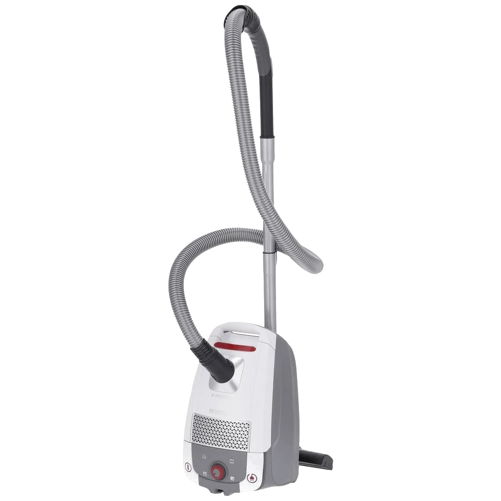 Weiß-grauer Staubsauger mit grauem Schlauch und rotem Knopf. Schwarzer Hintergrund.
