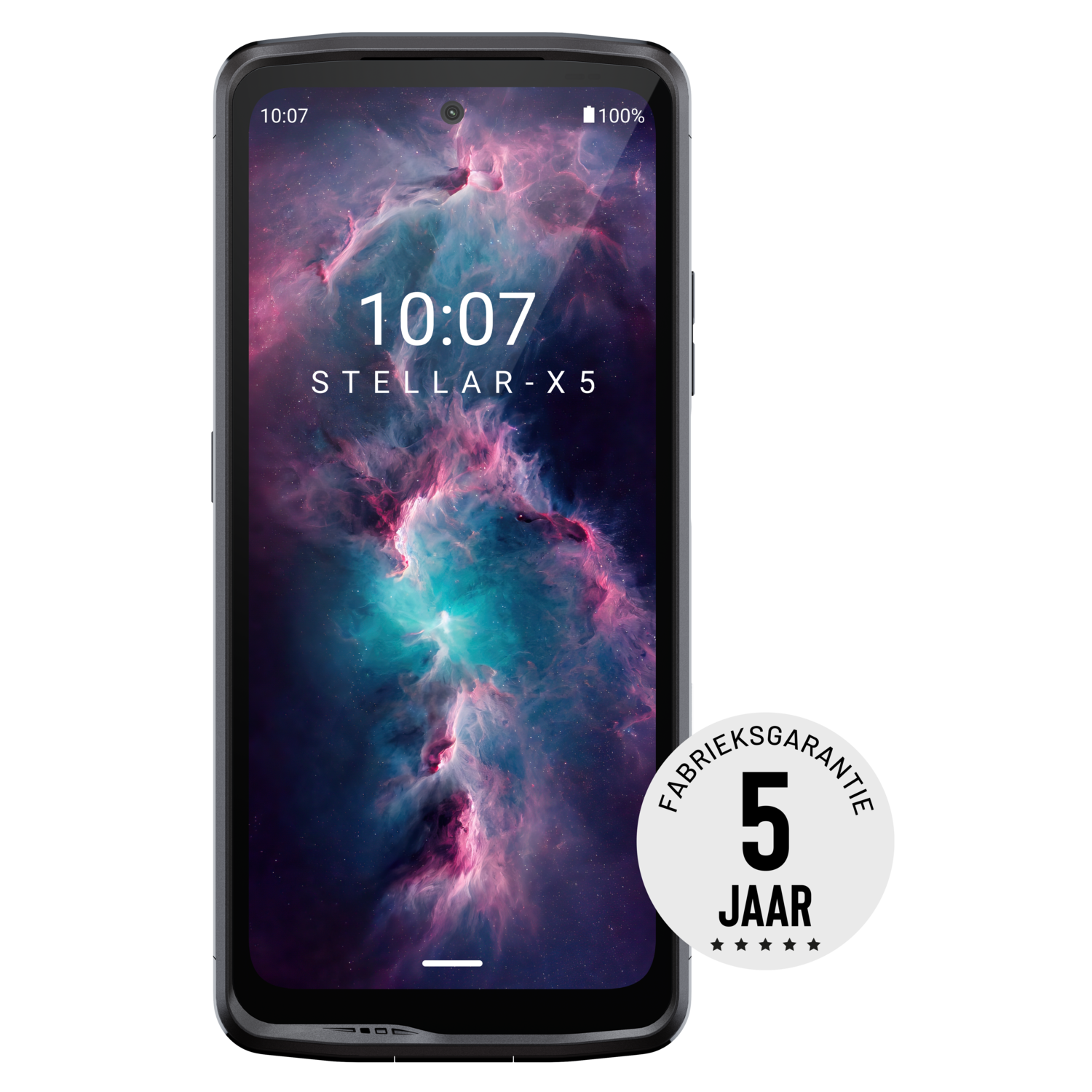 Zwarte smartphone met een kleurrijke nevel op het scherm en een garantiezegel: '5 jaar'.